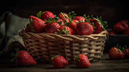 Closeup Strawberries in a bamboo basket with blur backgroundの素材