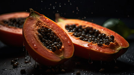 Papaya hit by splashes of water with black blur backgroundの素材