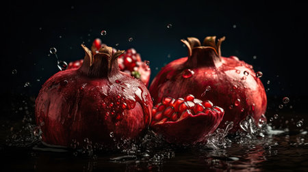 Pomegranate hit by splashes of water with black blur backgroundの素材