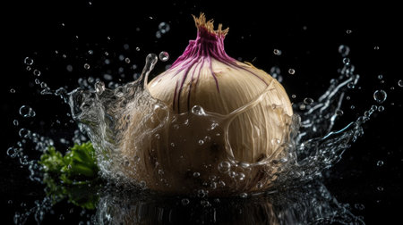 Turnip hit by splashes of water with black blur backgroundの素材