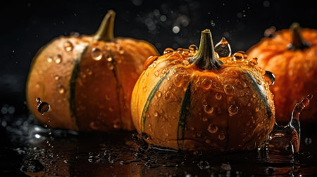 Pumpkin hit by splashes of water with black blur backgroundの素材