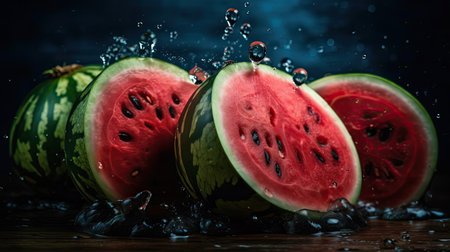 Watermelon hit by splashes of water with black blur backgroundの素材