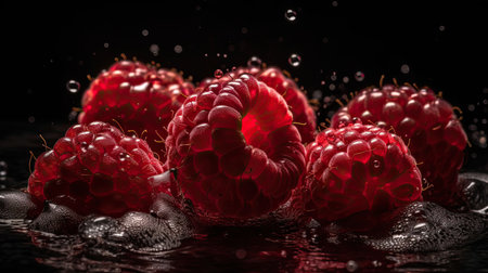 Raspberry hit by splashes of water with black blur backgroundの素材