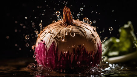 Turnip hit by splashes of water with black blur backgroundの素材
