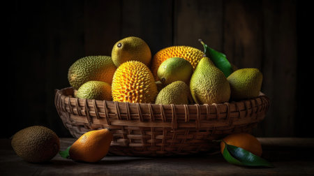 close up jack fruits on bamboo basket with jack fruit leaf ornament and blurred backgroundの素材