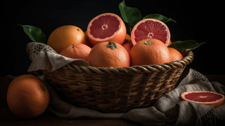 Closeup Grapefruits in a bamboo basket on a black backgroundの素材