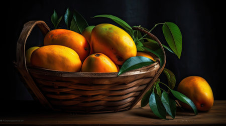 Fresh Mango fruits in a bamboo basket with blurred backgroundの素材