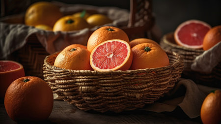 Closeup Grapefruits in a bamboo basket on a black backgroundの素材