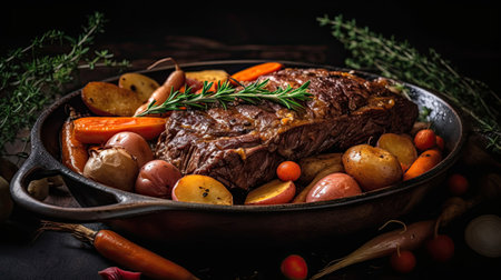 Closeup of Pot Roast full of vegetables on a bowl with blurred backgroundの素材