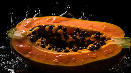 Papaya hit by splashes of water with black blur backgroundの素材