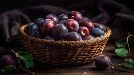 Closeup Fresh Plum Fruits in a bamboo basket with blur backgroundの素材