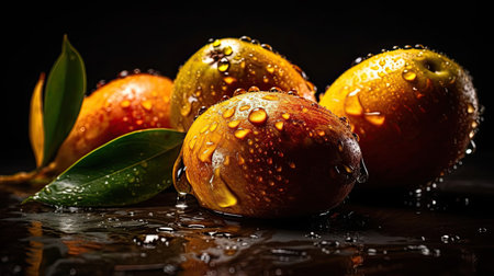 Fresh Mango hit by splashes of water with black blur backgroundの素材