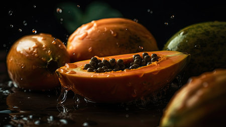 Papaya hit by splashes of water with black blur backgroundの素材