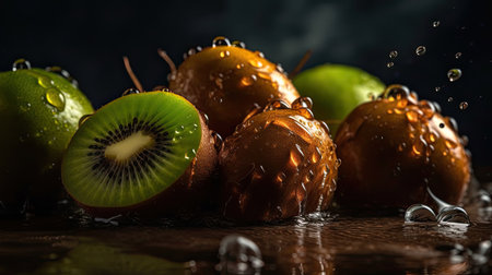 Fresh Kiwi hit by splashes of water with black blur backgroundの素材