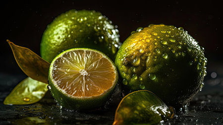 Close-up fresh lime hit by splashes of water with black blur backgroundの素材