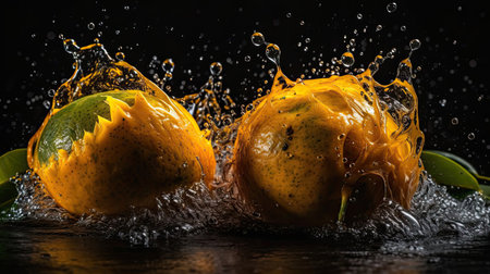 Fresh Mango hit by splashes of water with black blur backgroundの素材