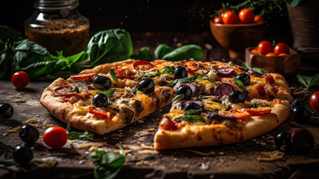Closeup Pizza full of sliced greens on a wooden plate on a blurred backgroundの素材
