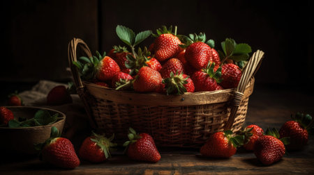 Closeup Fresh Red Strawberries in a bamboo basket with blur backgroundの素材