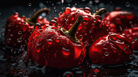 Closeup Red Pepper hit by splashes of water with black blur backgroundの素材