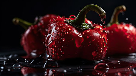 Closeup Red Pepper hit by splashes of water with black blur backgroundの素材