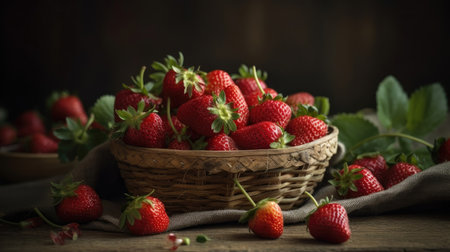 Closeup Fresh Strawberries in a bamboo basket with blur backgroundの素材