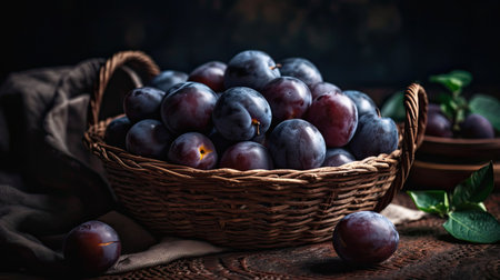 Plum Fruits in a bamboo basket with blur backgroundの素材