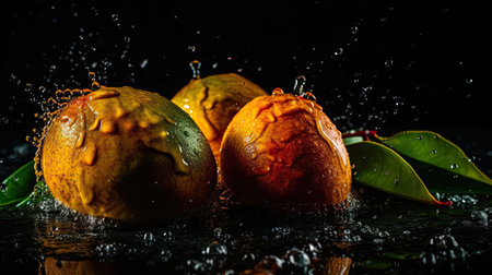 Closeup Mango hit by splashes of water with black blur backgroundの素材