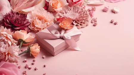 Valentine day background design with a collection of Gift box and pink flowersの素材