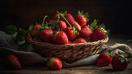 Closeup Fresh Red Strawberries in a bamboo basket with blur backgroundの素材