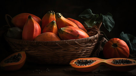 Fresh Papaya Fruits in a bamboo basket with blur backgroundの素材