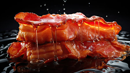 crispy bacon with melted oil on black and blurry backgroundの素材
