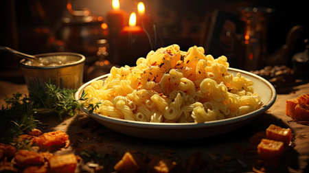 savory pasta, salty, with cut vegetables on a plate on a blurred backgroundの素材