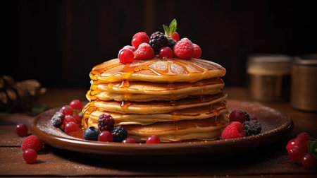 pile of pancakes with melted sweet syrup and fruit toppings with a blurred backgroundの素材