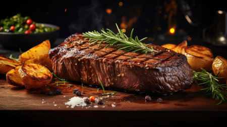 Grilled steak with melted barbeque sauce on a black and blurry backgroundの素材