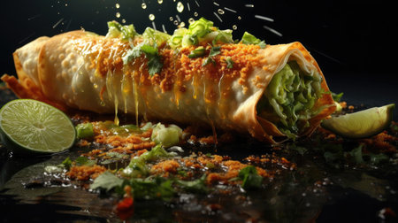 chimichanga full of vegetables, meat and mayonnaise prints on wooden table with blurred backgroundの素材