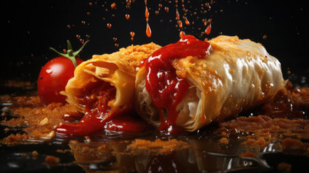 chimichanga full of vegetables, meat and mayonnaise prints on wooden table with blurred backgroundの素材