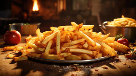 crispy french fries, crunchy, salty, tasty, with cinematic light and blur backgroundの素材