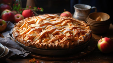 sweet apple pie with white sugar sprinkles on a wooden tray and blurred backgroundの素材