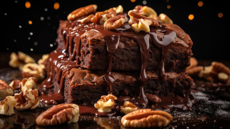 chocolate brownies filled with melted sweet chocolate on black background and blurの素材
