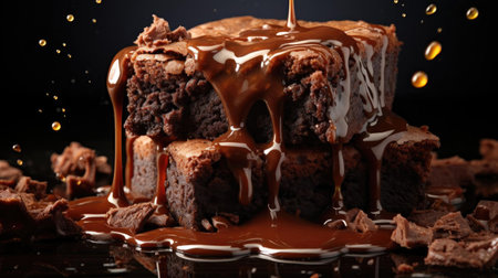 chocolate brownies filled with melted sweet chocolate on black background and blurの素材