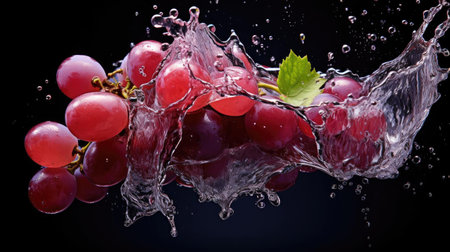 flying fresh grapes exposed to splashing water on black background and blurの素材