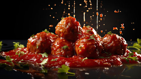 meatballs with melted tomato sauce on a bowl with a black background and blurの素材