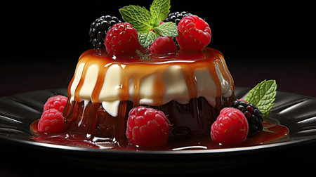 sweet pudding with fruit topping and melted sweet syrup on a wooden table with blurry backgroundの素材