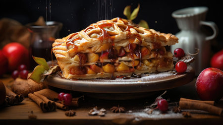 sweet apple pie with white sugar sprinkles on a wooden tray and blurred backgroundの素材