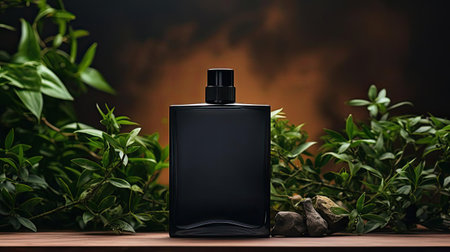 perfume bottle on wooden table with plant background for mockup designの素材