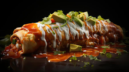 enchiladas stuffed with vegetables and meat with melted mayonnaise on a wooden tableの素材