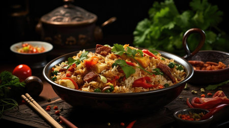 Fried rice with chopped vegetables and meat on a plate with a blurry backgroundの素材