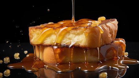 french toast with melted maple syrup and fruit topping on it, black background and blurの素材