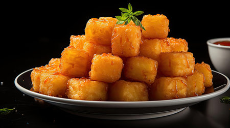 Crispy tater tots with savory salty spices on wooden table with black and blur backgroundの素材