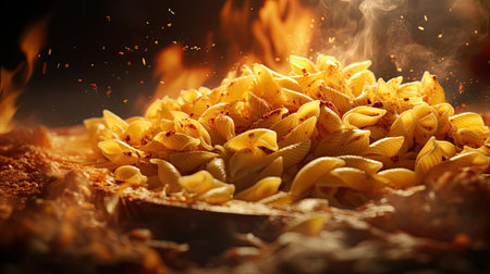 savory pasta, salty, with cut vegetables on a plate on a blurred backgroundの素材